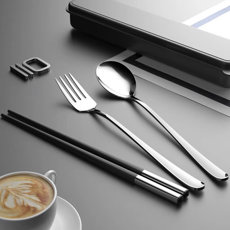 Bodenju Korean chopsticks and spoons three-piece portable tableware set for students going to school, cutlery box for office workers, chopstick storage box, black spoon + fork + chopsticks, gift box