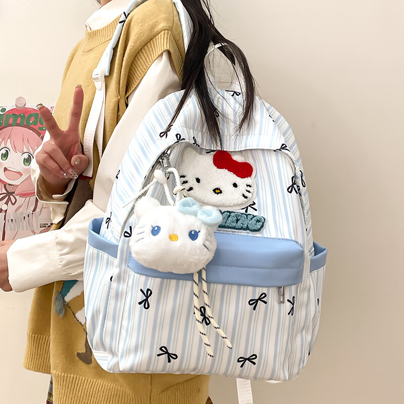 Sirulin schoolbag female ins cute primary school student simple small fresh backpack middle school student fashion versatile travel backpack blue kt cat + pendant