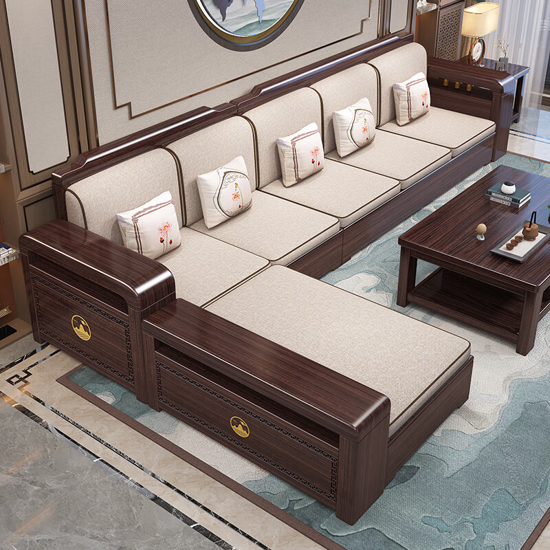 Chinese family new Chinese style ebony solid wood sofa light luxury storage sofa winter and summer dual-use sofa living room 4 people + imperial concubine couch + coffee table