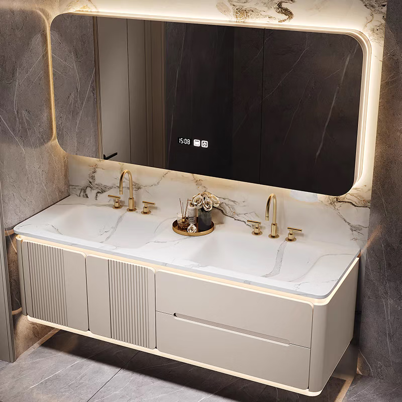 Royal Ceremony New Slate Hot-Bent Integrated Double Basin Modern Bathroom Smart Washing and Washing Table Integrated Bathroom Cabinet Combination Slate Hot-Bent Integrated Basin + Intelligent Beauty Mirror Cabinet 1.8 Meter Double Basin