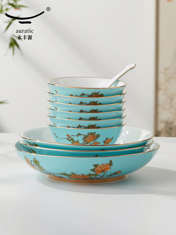 Guo Porcelain Yongfengyuan Madam Porcelain West Lake Blue 22-piece tableware set, bowls, plates, spoons, Chinese style home gift