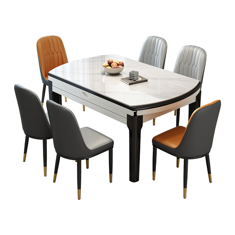 Morning Nest Dining Table Modern Simple Dining Table Home Slate Dining Table Retractable Solid Wood Dining Table and Chair Combination Restaurant Furniture Italian Gray Glossy-Black Gray Frame-Thick Leather Chair 1.35 Meters One Table Six Chairs (Upgraded Four Tracks)