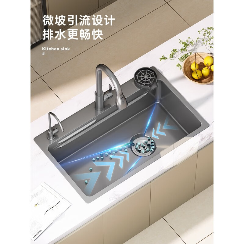 TOTO kitchen sink thickened stainless steel nano sink large single tank multi-functional household handmade dishwashing sink under counter basin gun gray steps large single tank 75*45 (F package) pump