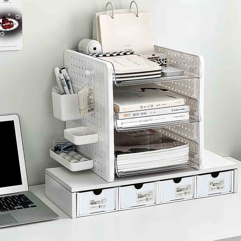 Yupinjia Document Storage Box Book Desktop Storage Rack Work Station Transformation Artifact Necessary Perforated Board Student Book Organizing Multi-layer Perforated Board File Rack - Elegant White Three-Layer File Rack White 1