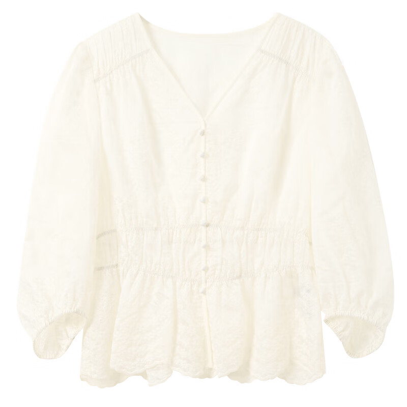 Tricolor 2025 Summer New Three Quarter Sleeve V Neck Lyocell Embroidered Shirt Waist Shirt Top Women Off White L 165/88A