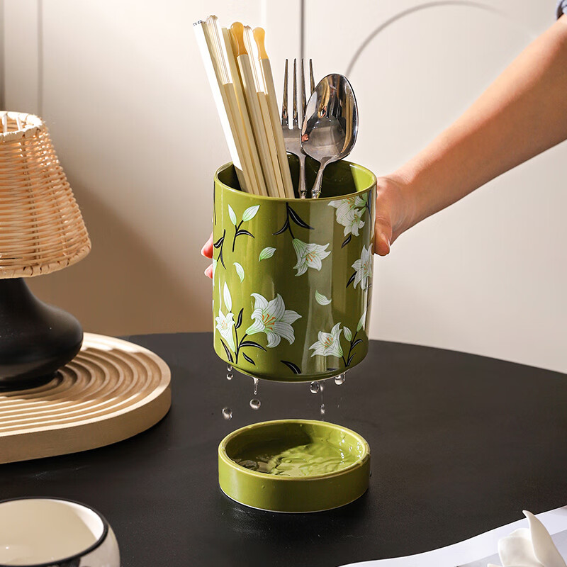 Sheri Japanese-style high-looking chopstick tube tableware storage box chopstick tube chopstick cage household ceramic drain chopsticks and spoons storage shelf beige cherry blossom style - ceramic base drainable | with base