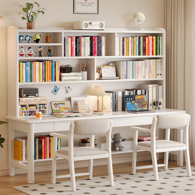 Huixun solid wood double desk bookshelf integrated table home children's study table living room simple computer table student writing desk walnut color # desk 180cm*60cm*80cm total height 190cm