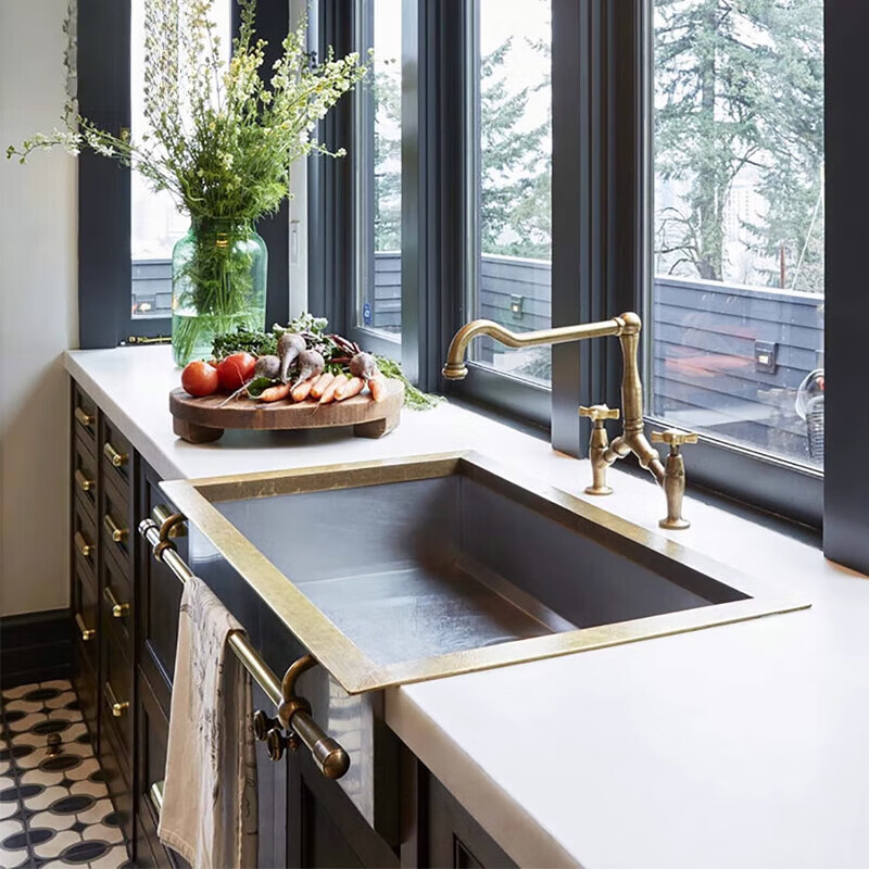 Xuan Kashi American retro pure copper kitchen sink gold semi-embedded cabinet washbasin wash basin basin large single tank customized brass K style 70*45*20CM