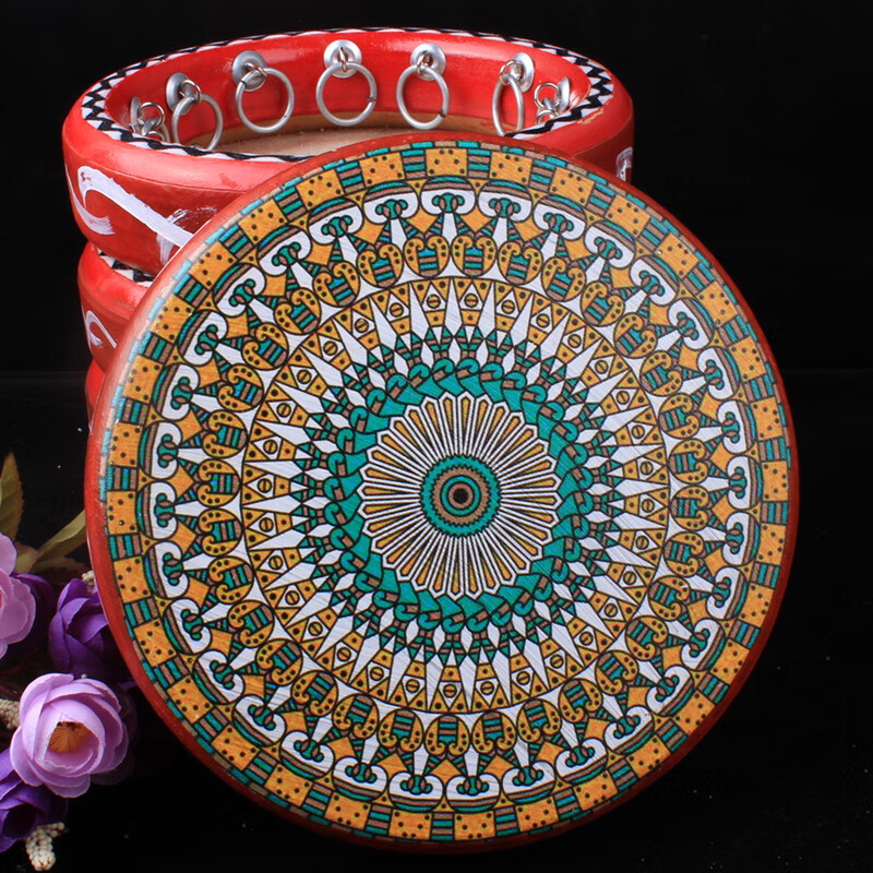 Jingqiao Xinjiang ethnic musical instrument dance performance painted cowhide tambourine hotel restaurant wall decoration hanging ornaments souvenir style 15 20 cm