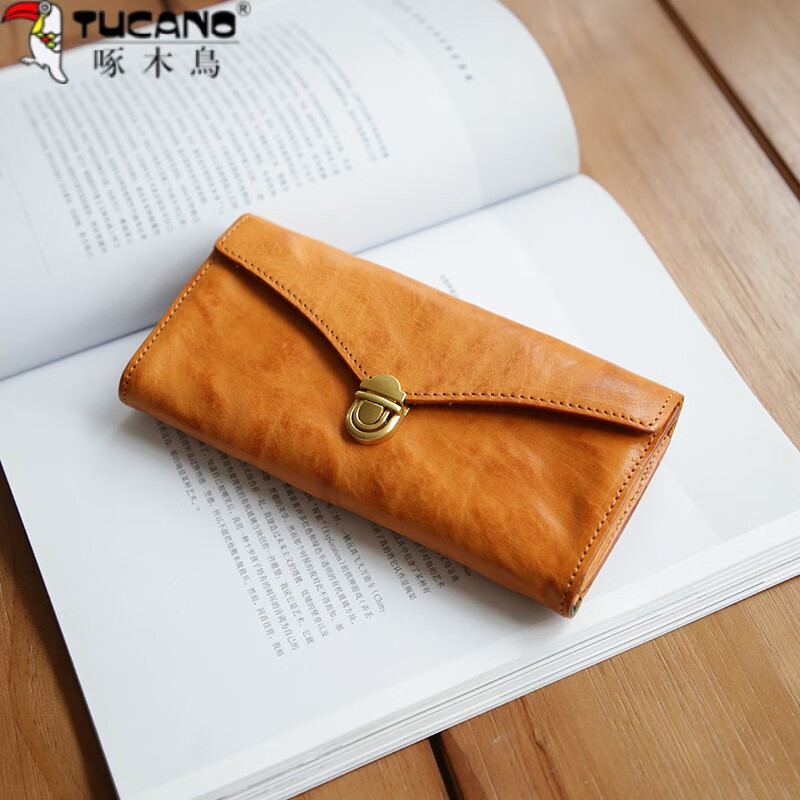 Woodpecker (TUCANO) Genuine Leather Retro Women's Long Wallet Top Layer Vegetable Tanned Cowhide Large Capacity Lock Handheld Horizontal Multi-Card Slot Wallet Sunset Yellow