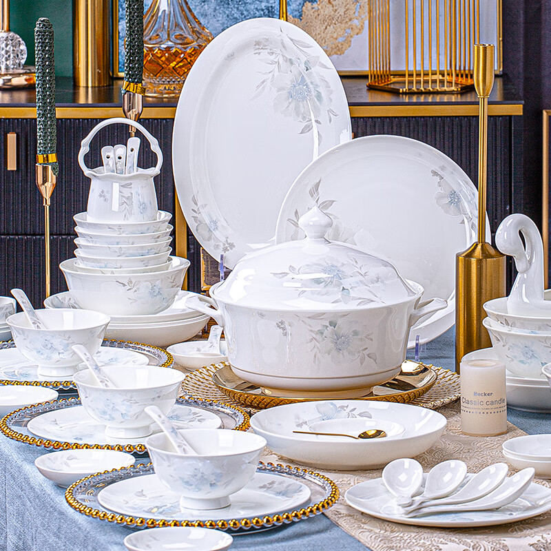 Yang Qintang bowl household 2025 new Jingdezhen bowl and plate set household high-end bone china tableware bowl and plate set housewarming gift Qingxiang Yayuan round 56 pieces