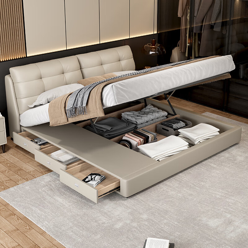 Diloman Puff Marshmallow Bed, modern and simple master bedroom, high-end and atmospheric double leather bed with storage and high box (top version) bed + 9 zones thickened latex mattress + 1 cabinet 1.8m*2.0m three drawers