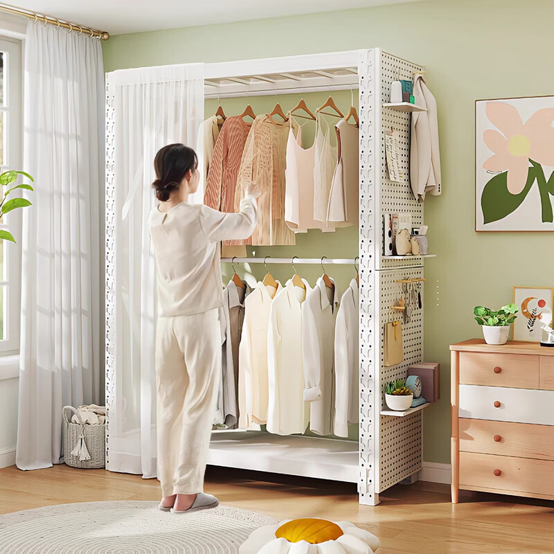 Yuxinxu Wardrobe Hanger Open Clothes Rack Multifunctional Bedroom Floor Clothes Rack Home Rental Clothing Storage Cabinet Three-layer Main Rack Free Clothes Rod + Front Curtain*1 Length 80cm Width 40cm Height 200cm