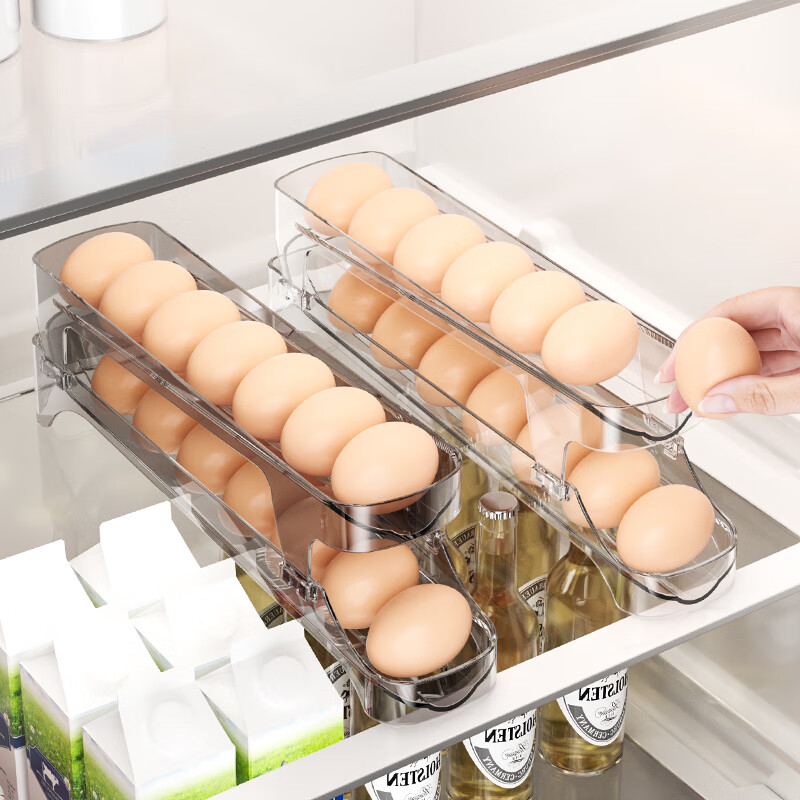 Shijiaji rolling egg storage box refrigerator with side door for egg cartons, automatic rolling egg rack holder for rolling egg cartons, egg compartments, 2 transparent black (can hold about 30 eggs), automatic rolling filling of eggs