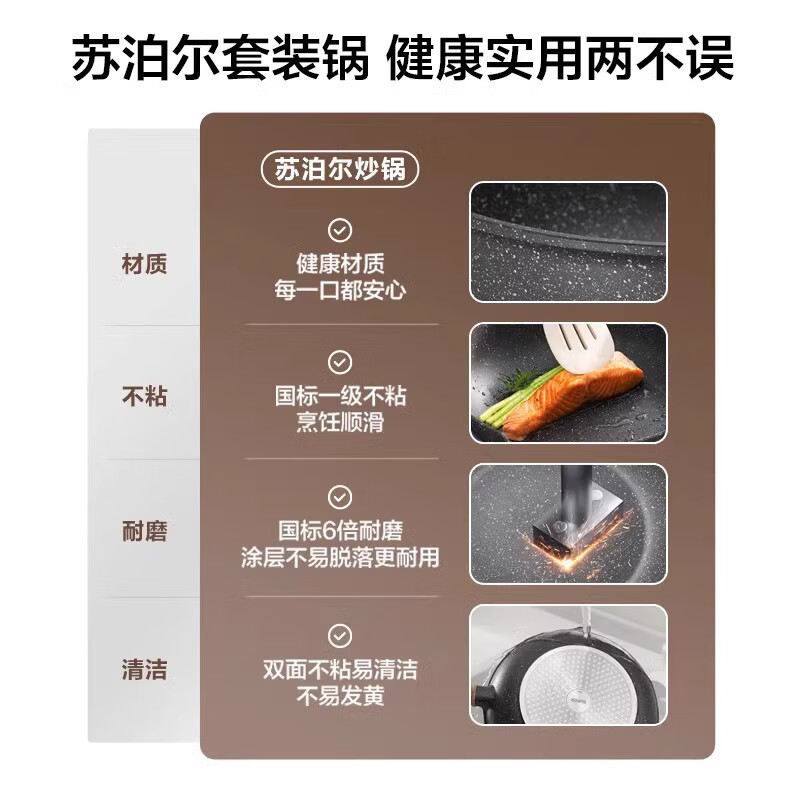 Supor pot set complete household medical stone color cooking non-stick pan kitchen three-piece set for induction cooker universal five-piece set (wok + frying pan + milk pot + induction cooker + rice cooker) with free silicone spatula