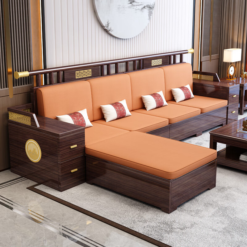 Muyu Space New Chinese Style Ebony Wood Solid Wood Sofa Living Room 2025 New Small Apartment Storage Style Imperial Concubine Wooden Furniture Complete Set 1+2+3+ Coffee Table+ Square Table*2+ TV Cabinet