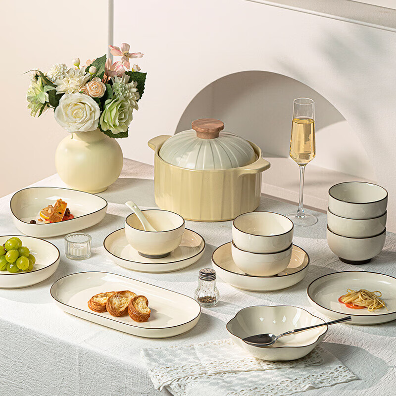 Khaki style Jingdezhen bowl and dish set household bowl complete set of ceramic tableware bowl and plate housewarming simple bowl chopsticks plate and bowl combination jade white painted brown 8-person meal (soup bowl configuration) 39-piece set