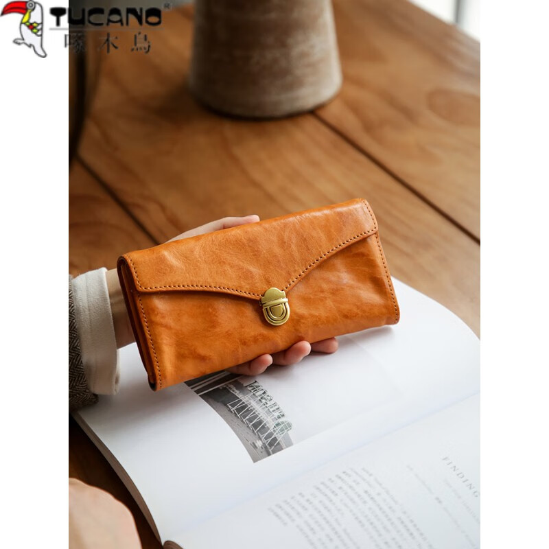 Woodpecker (TUCANO) Genuine Leather Retro Women's Long Wallet Top Layer Vegetable Tanned Cowhide Large Capacity Lock Handheld Horizontal Multi-Card Slot Wallet Sunset Yellow