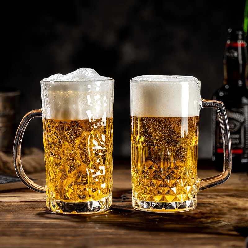 Lugaris Beer Cup Set Light Luxury Glass Drinking Cup with Handle Commercial 500ml Draft Beer Cup Home Large Capacity Family Set 6 Diamond Cups + Stainless Steel Cup Holder