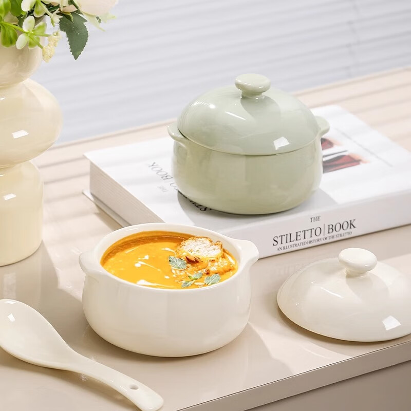 Persson steamed egg bowl ceramic household with lid, water-proof steamed egg custard, baby and children's food supplement, special steaming bowl, stew pot, yogurt bowl, milky white - 5-inch binaural stew pot 350ml