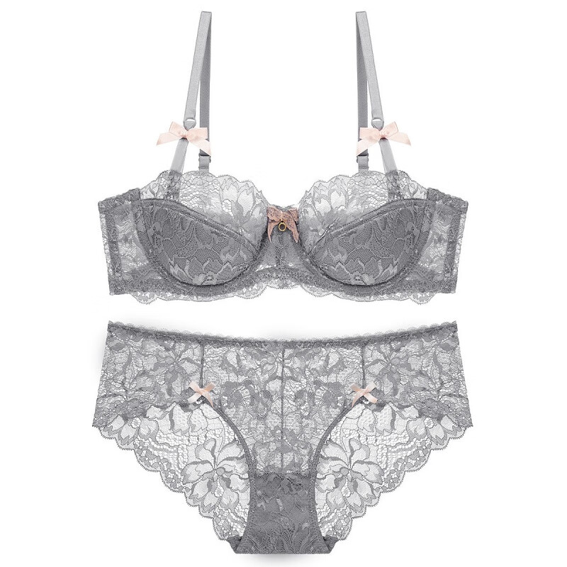 Victoria's style French sexy lace underwear for women with small breasts push-up thin half-cup large size bra set (it is recommended to go up one size gray suit 75B 34