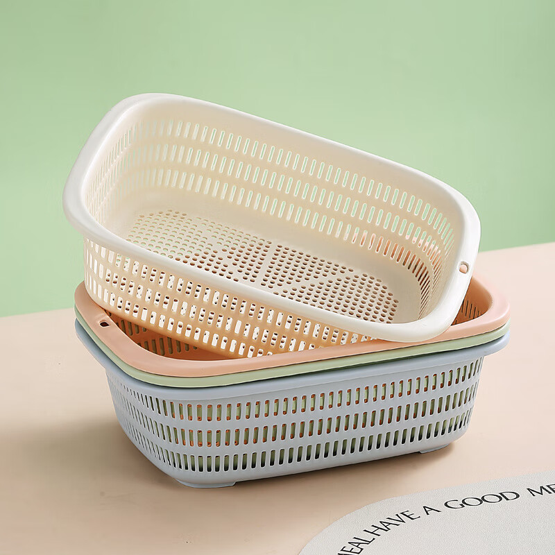 Burden home use new rectangular hollow drain basket fruit basket plastic vegetable washing basket kitchen thickened Nordic green thickened with hanging holes extra large 39.5*28*10cm
