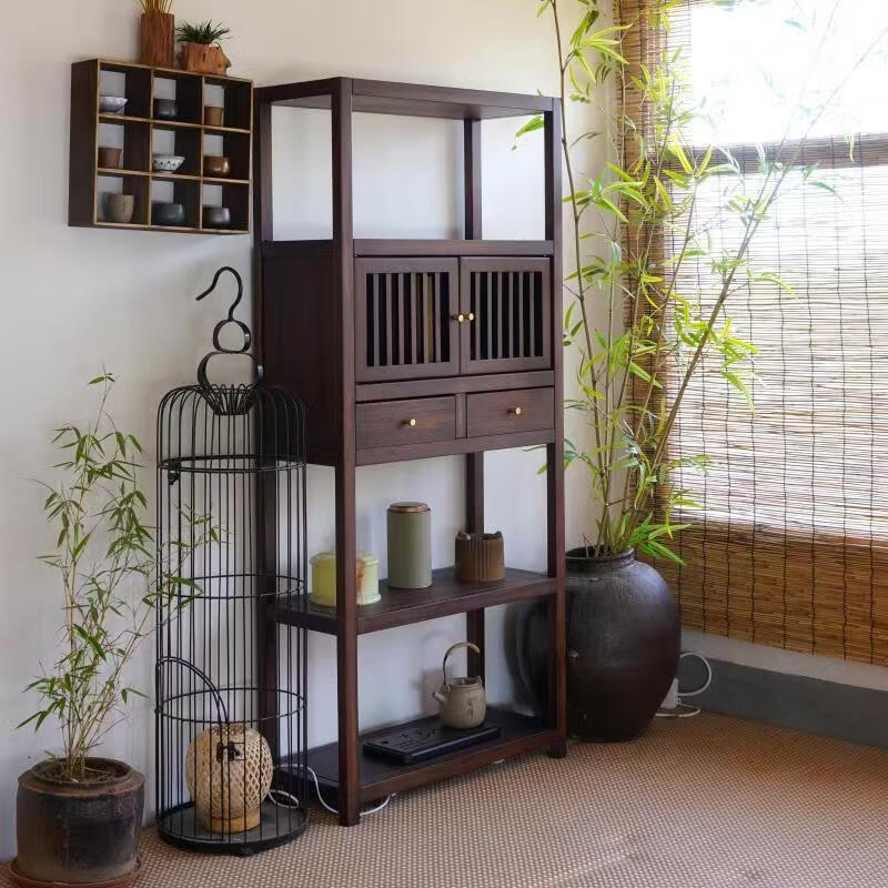 Pindao Xiaobo ancient rack solid wood tea cabinet tea room tea cabinet storage rack tea cabinet display rack tea shelf tea side cabinet storage black gold left cabinet Duobao Pavilion 80*33*120cm