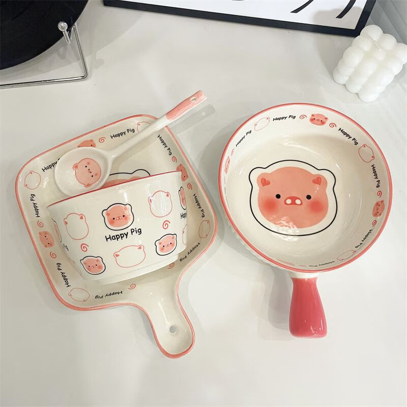 Midoriyaki Happy Pig One-Eat Cute Girly Tableware Hand-Handed Rice Bowl Baked Rice Bowl Ceramic Underglaze Colored Tableware Set 4 Pieces Cute Pig Handle Bowl + Handle Plate + Bowl + Spoon
