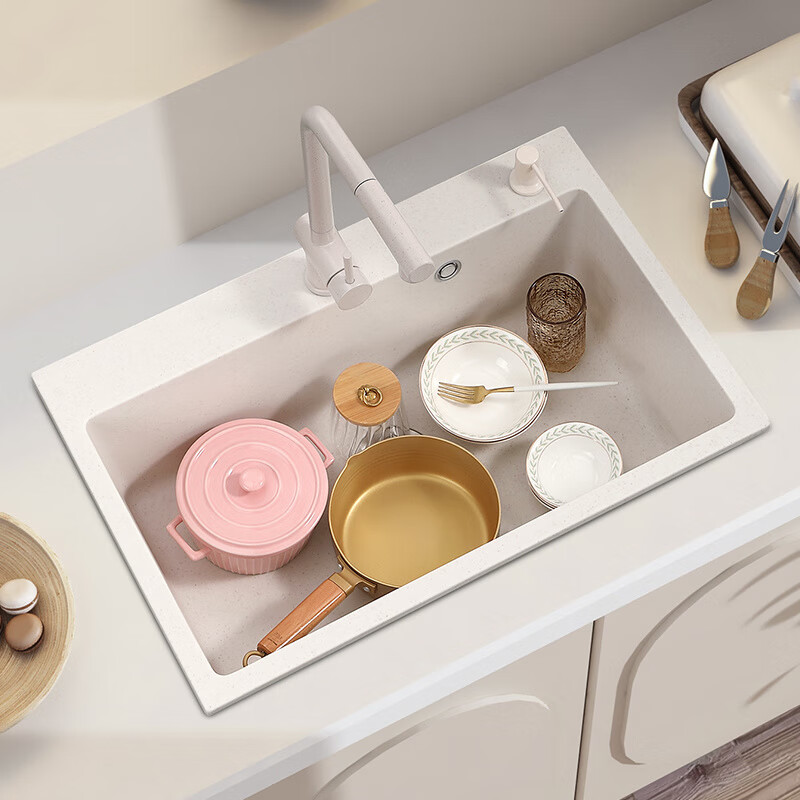Ye Yu quartz stone sink integrated single-slot kitchen sink under-counter basin wash basin large single-slot dishwashing built-in A (basic package) cream color 50*43