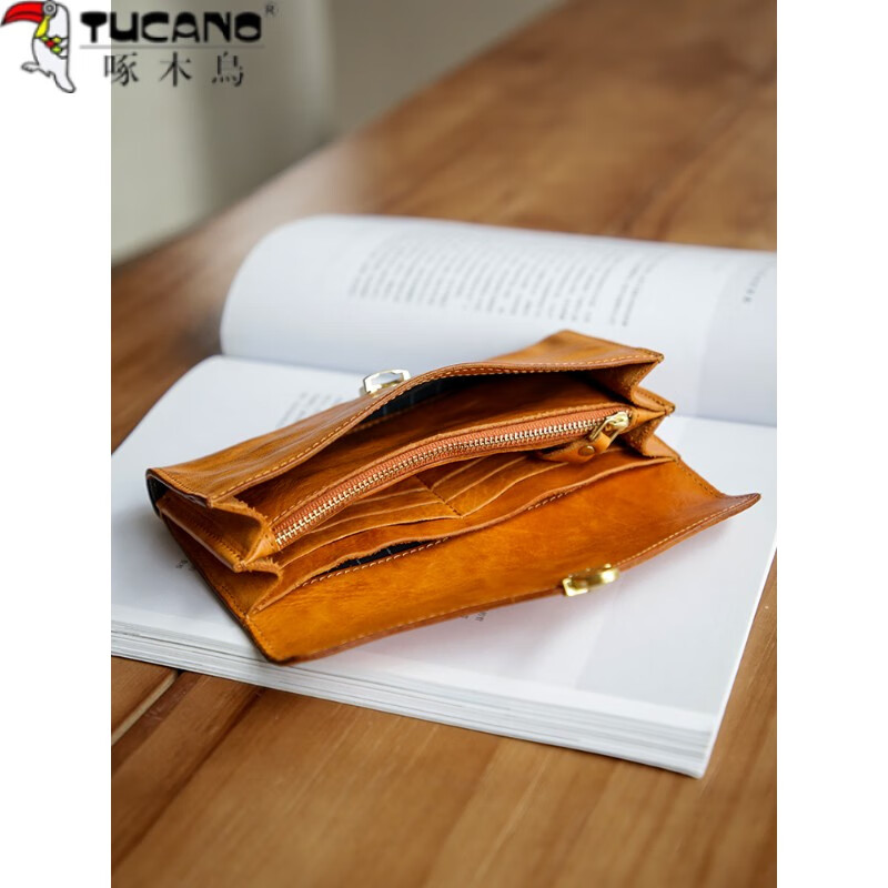 Woodpecker (TUCANO) Genuine Leather Retro Women's Long Wallet Top Layer Vegetable Tanned Cowhide Large Capacity Lock Handheld Horizontal Multi-Card Slot Wallet Sunset Yellow