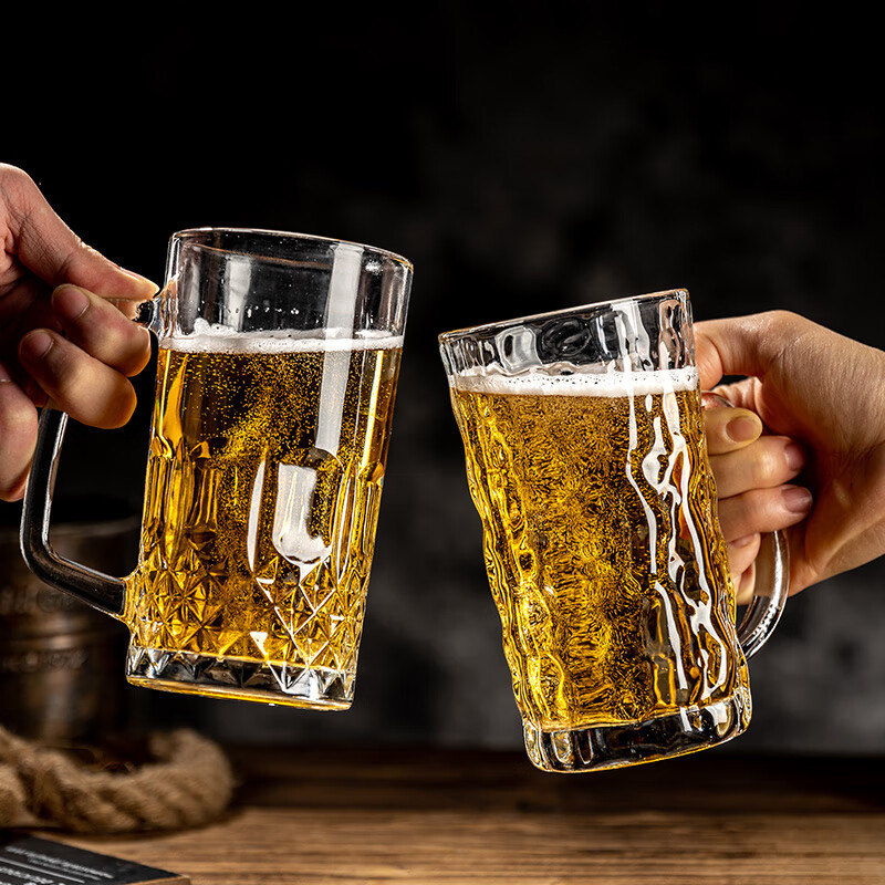 Lugaris Beer Cup Set Light Luxury Glass Drinking Cup with Handle Commercial 500ml Draft Beer Cup Home Large Capacity Family Set 6 Diamond Cups + Stainless Steel Cup Holder