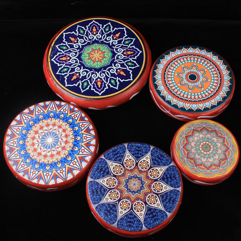 Jingqiao Xinjiang ethnic musical instrument dance performance painted cowhide tambourine hotel restaurant wall decoration hanging ornaments souvenir style 15 20 cm