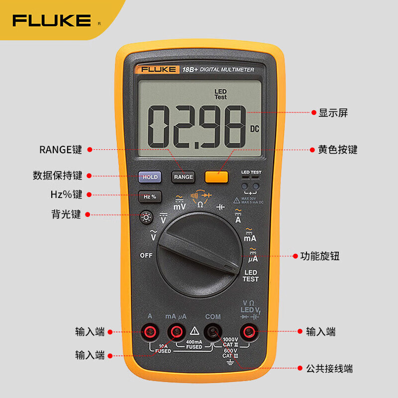 FLUKE multimeter 15B RPO MAX/101/17B MAX high-precision digital electrician special intelligent anti-burn FLUKE-18B+ CHINA measurable light-emitting diodes