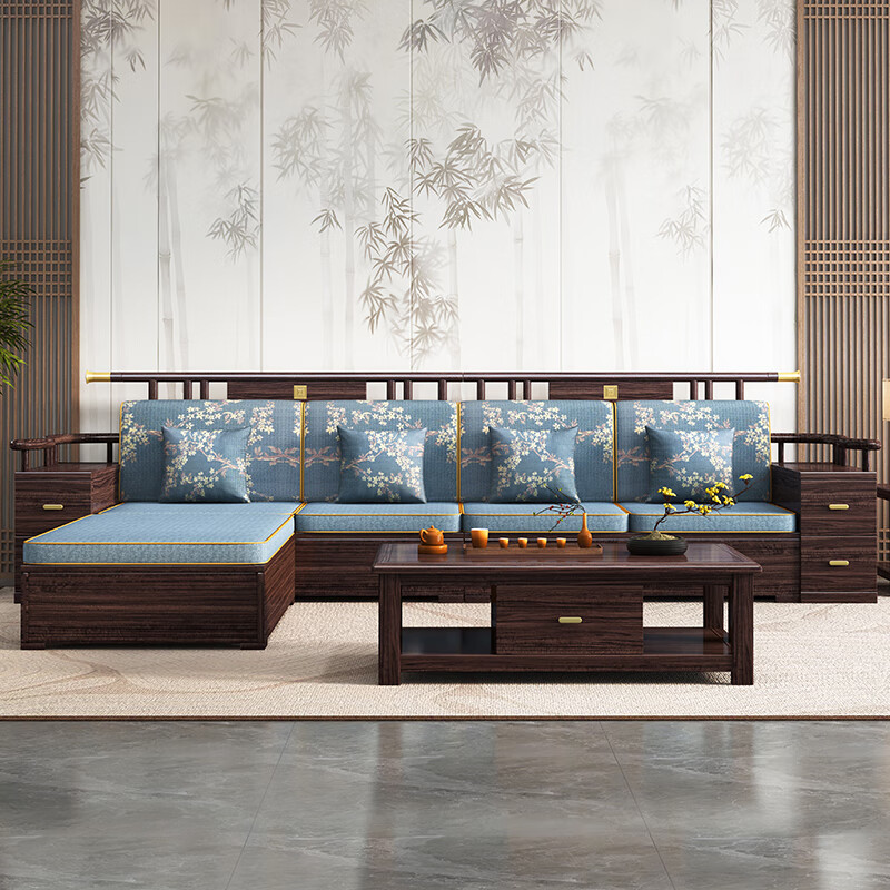 Huiwangfu new Chinese style ebony solid wood sofa modern simple small apartment home living room storage winter and summer dual-purpose wooden sofa four-seater + imperial concubine couch + middle box + long coffee table