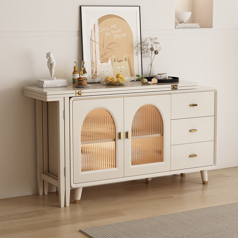 Bomengke light luxury cream style foldable dining table and sideboard integrated modern simple small apartment multi-functional storage cabinet dining table MZY dining table cabinet-120 retractable 120*40*73cm
