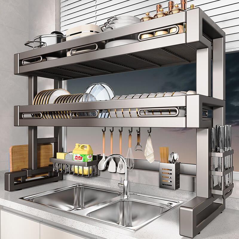 Youxi stainless steel kitchen sink rack multi-functional bowl and plate rack for sink dishes and chopsticks drain storage rack gun gray double layer 86cm main rack + fully equipped set