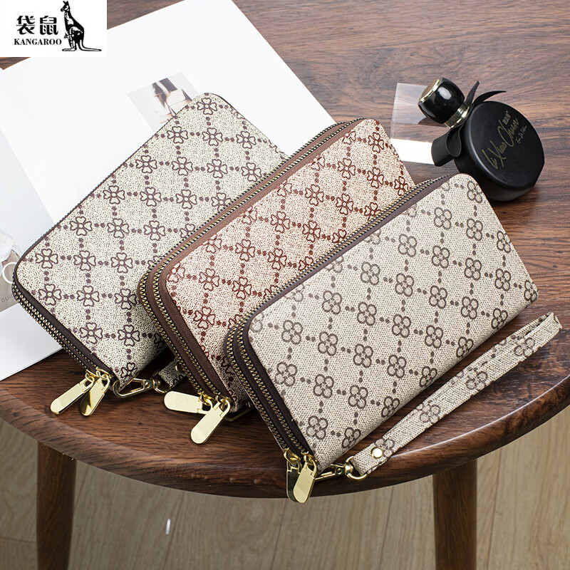 Kangaroo 2025 New Long Wallet Women's Fashion Printed Large Capacity Double Zipper Multifunctional Wallet Multiple Card Slots Flower Brown (Free Wristband)