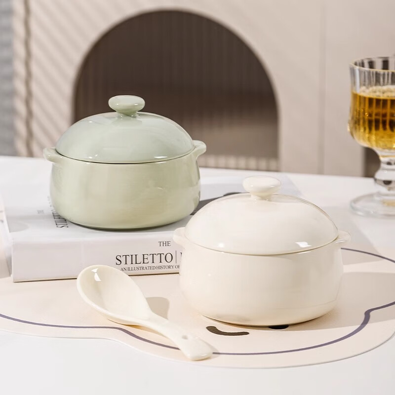 Persson steamed egg bowl ceramic household with lid, water-proof steamed egg custard, baby and children's food supplement, special steaming bowl, stew pot, yogurt bowl, milky white - 5-inch binaural stew pot 350ml