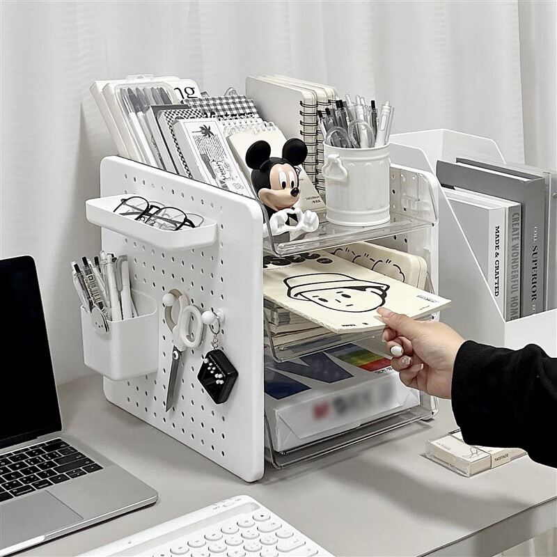 Yupinjia Document Storage Box Book Desktop Storage Rack Work Station Transformation Artifact Necessary Perforated Board Student Book Organizing Multi-layer Perforated Board File Rack - Elegant White Three-Layer File Rack White 1