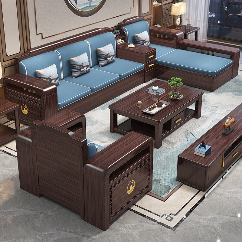 Chinese family new Chinese style ebony solid wood sofa light luxury storage sofa winter and summer dual-use sofa living room 4 people + imperial concubine couch + coffee table