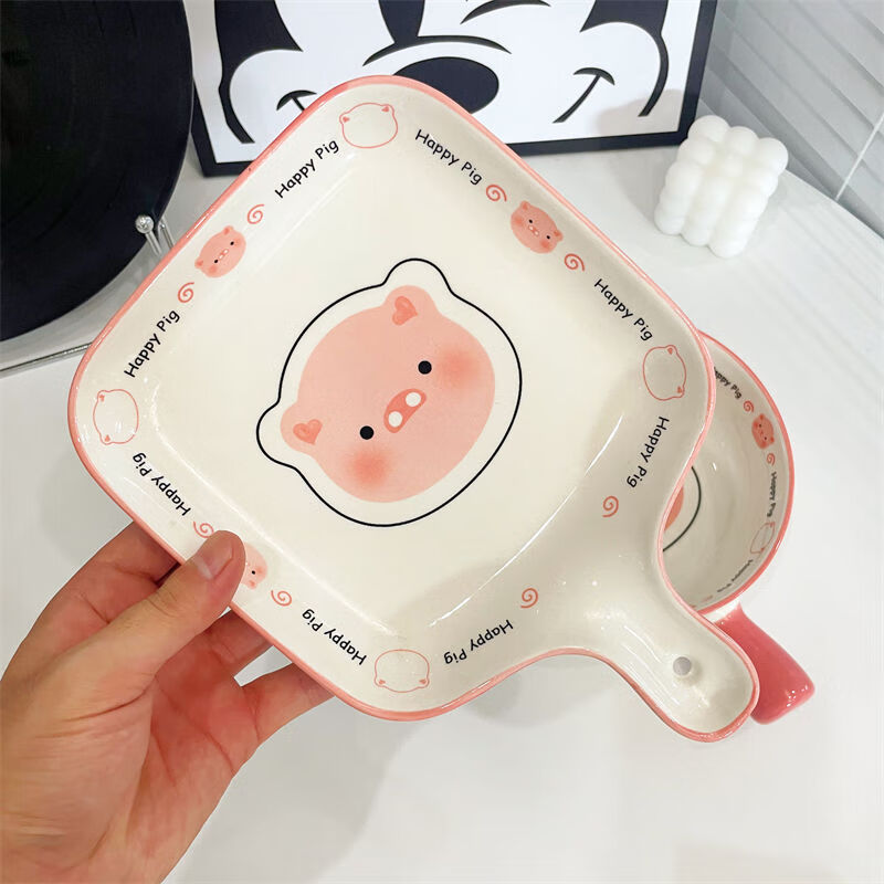 Midoriyaki Happy Pig One-Eat Cute Girly Tableware Hand-Handed Rice Bowl Baked Rice Bowl Ceramic Underglaze Colored Tableware Set 4 Pieces Cute Pig Handle Bowl + Handle Plate + Bowl + Spoon