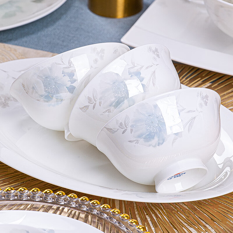 Yang Qintang bowl household 2025 new Jingdezhen bowl and plate set household high-end bone china tableware bowl and plate set housewarming gift Qingxiang Yayuan round 56 pieces