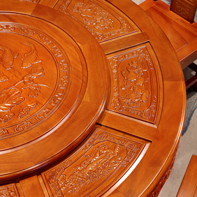 Longwei Foshan rosewood dining table and chair combination, new Chinese style carved solid wood storage round large dining table for home use, rosewood, one table and six chairs, 1.3 meters, free turntable + tempered glass