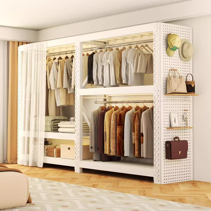 Yuxinxu Wardrobe Hanger Open Clothes Rack Multifunctional Bedroom Floor Clothes Rack Home Rental Clothing Storage Cabinet Three-layer Main Rack Free Clothes Rod + Front Curtain*1 Length 80cm Width 40cm Height 200cm