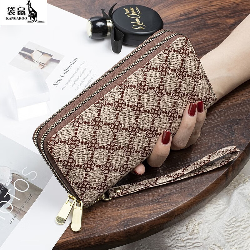 Kangaroo 2025 New Long Wallet Women's Fashion Printed Large Capacity Double Zipper Multifunctional Wallet Multiple Card Slots Flower Brown (Free Wristband)