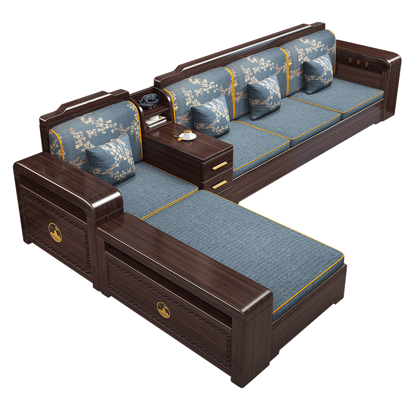 Chinese family new Chinese style ebony solid wood sofa light luxury storage sofa winter and summer dual-use sofa living room 4 people + imperial concubine couch + coffee table