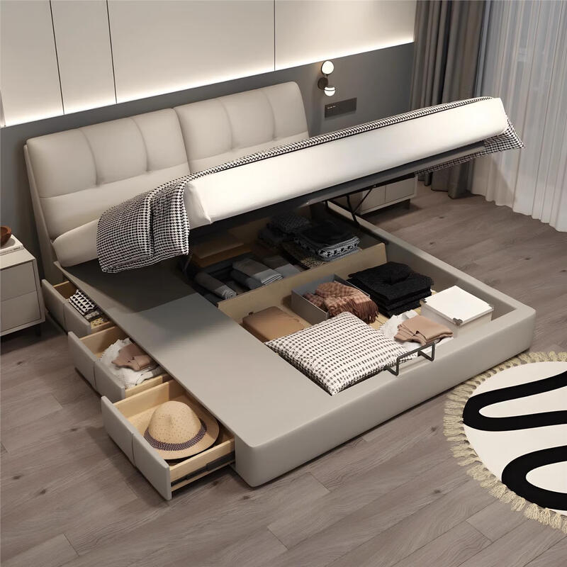 DeRUCCI HOME mousse leather bed master bedroom high-end storage leather art bed storage drawer upholstered bed double bed 1.8m x 2m bed + velvet mattress + 1 cabinet five-star selection 1800mm*2000mm frame structure