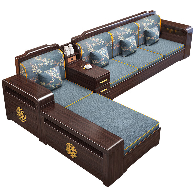 Chinese family purple sandalwood solid wood sofa combination living room winter and summer dual-purpose sofa new Chinese style storage furniture 1+1+3+coffee table