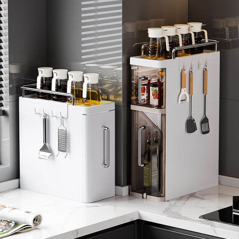 Japanese kitchen condiment storage rack pull-out condiment storage box oil salt sauce vinegar countertop storage rack white-3-layer sandwich storage cabinet
