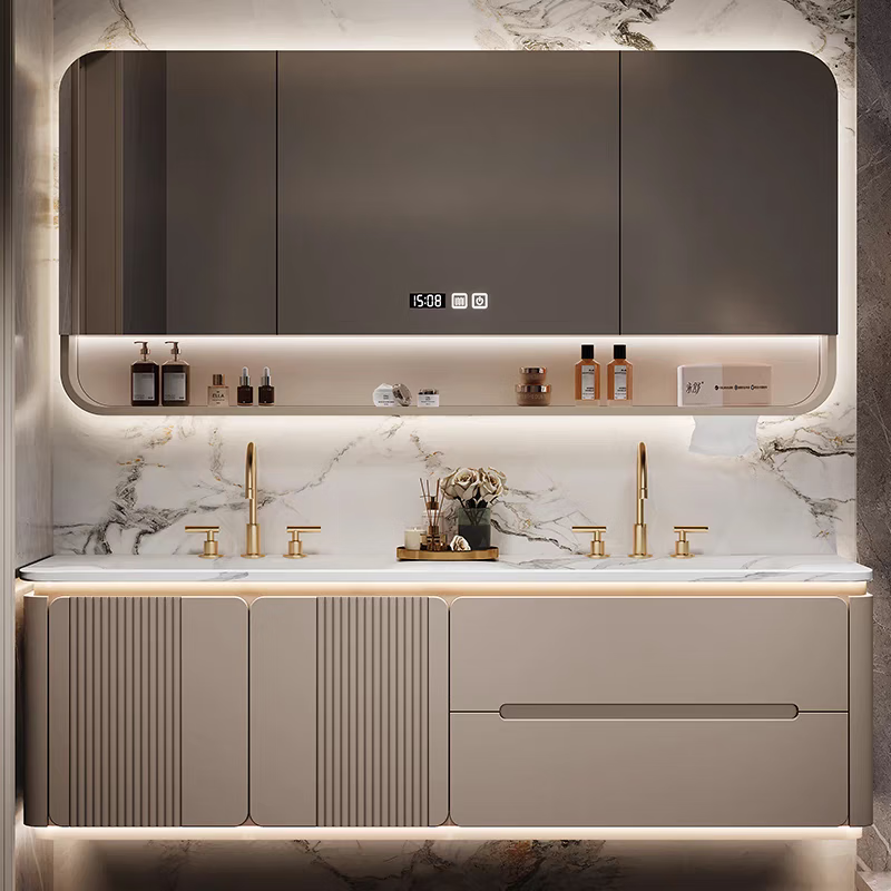 Royal Ceremony New Slate Hot-Bent Integrated Double Basin Modern Bathroom Smart Washing and Washing Table Integrated Bathroom Cabinet Combination Slate Hot-Bent Integrated Basin + Intelligent Beauty Mirror Cabinet 1.8 Meter Double Basin